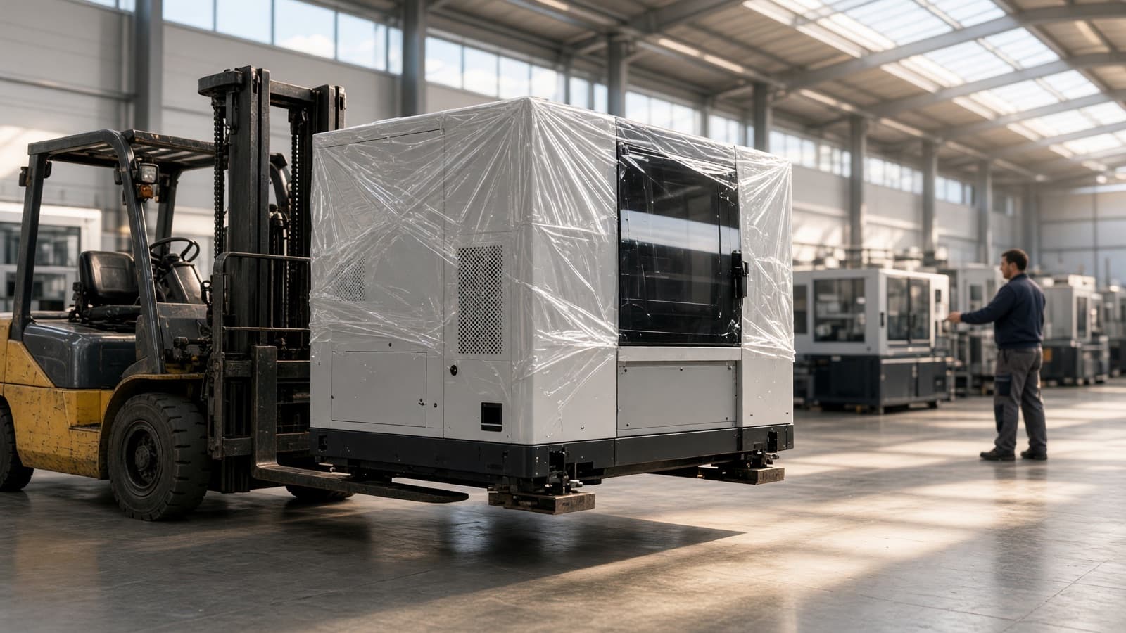 Eine neue, noch verpackte Maschine wird mit dem Stapler in die Produktionshalle gebracht