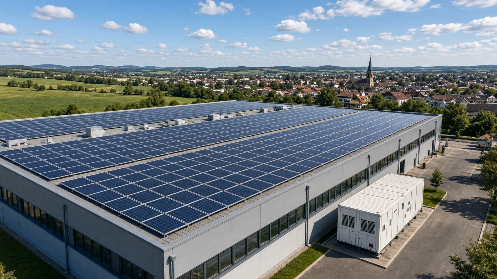 Hallendach mit großer Photovoltaikanlage und Batteriespeichern im Hof, aus der Luft