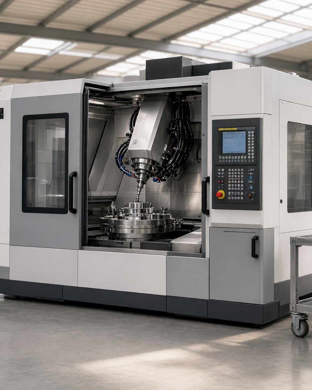 Neues CNC-Bearbeitungszentrum mit geöffneter Tür in einer hellen Produktionshalle